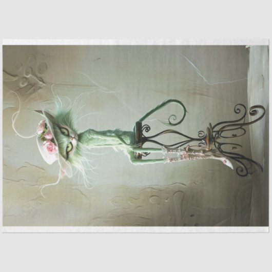 Whimsical  Furry Sage Groene Kat Decoupage Tissuepapier (Voorkant)