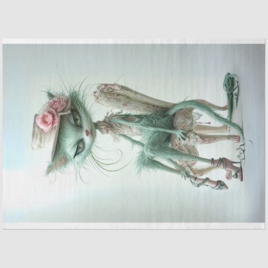 Whimsical Furry Sage Groene Kat Decoupage Tissuepapier (Voorkant)