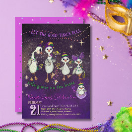 Whimsical Ganzenfamilie Mardi Gras Paars Roze Kaart