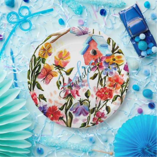 WHIMSICAL GARDEN BIRD HOUSE MONOGRAM PARTIJ PAPIEREN BORDJE (Feest)