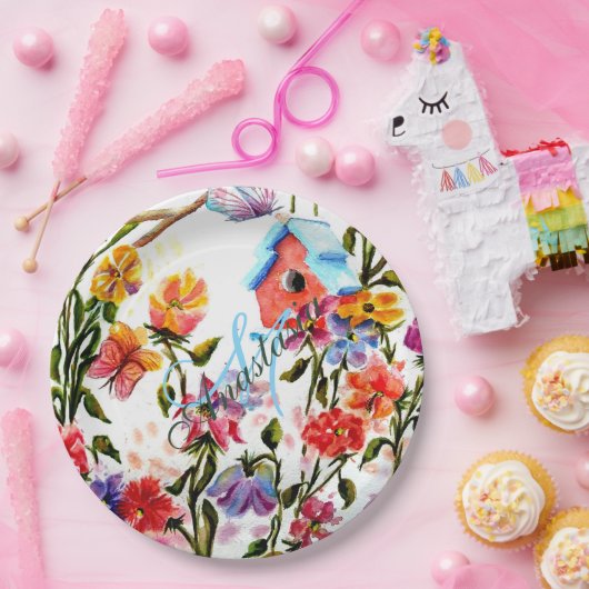 WHIMSICAL GARDEN BIRD HOUSE MONOGRAM PARTIJ PAPIEREN BORDJE (Feest)