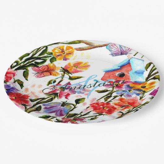 WHIMSICAL GARDEN BIRD HOUSE MONOGRAM PARTIJ PAPIEREN BORDJE (Gekanteld)