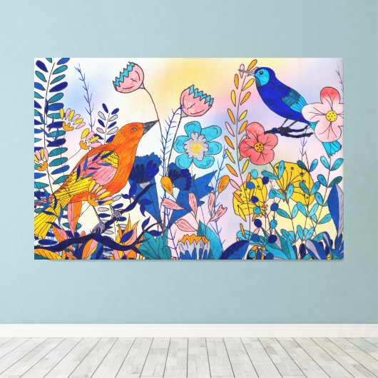 Whimsical Garden Birds and Blooms Canvas Afdruk (Insitu (Houten vloer))