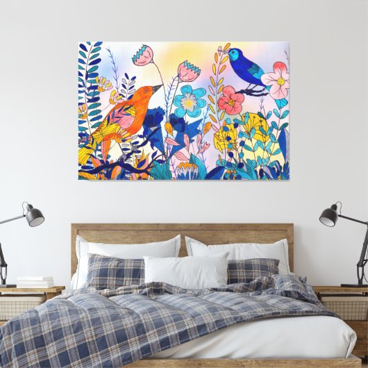 Whimsical Garden Birds and Blooms Canvas Afdruk (Insitu (Slaapkamer))