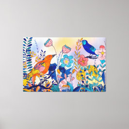 Whimsical Garden Birds and Blooms Canvas Afdruk