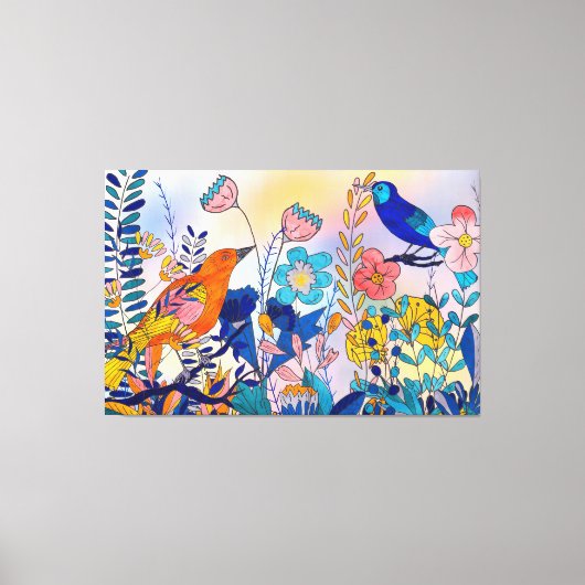 Whimsical Garden Birds and Blooms Canvas Afdruk (Voorkant)