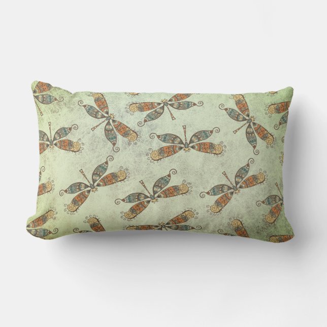 Whimsical Garden Dragonfly Patroon op Sage Green Kussen (Voorkant)