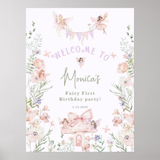 Whimsical garden Fairy First Birthday Welcome Poster (Voorkant)