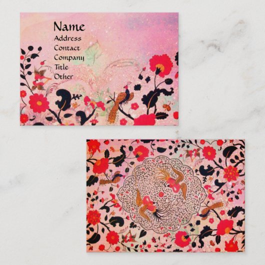 WHIMSICAL GARDEN FLOWERS AND BIRDS IN PINK Floral Visitekaartje (Voorkant / Achterkant)