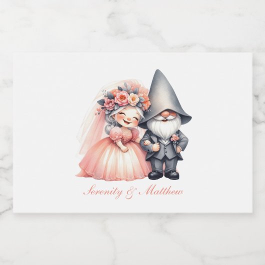 Whimsical Garden Gnome Bruid Bruidegom Sinaasappel Likeurfles Etiket (Enkel label)