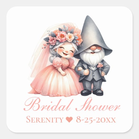 Whimsical Garden Gnome Romantisch Sprookjeshuwelij Vierkante Sticker (Voorkant)