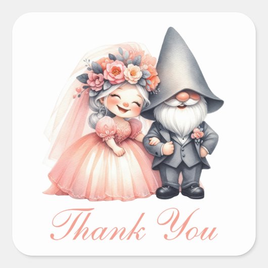 Whimsical Garden Gnome Rustieke bruiloft Bedankt Vierkante Sticker (Voorkant)