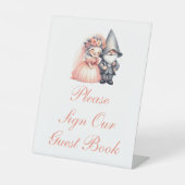 Whimsical Garden Gnome Rustieke bruiloft gastenboe Reclamebord Met Voetstuk (Voorkant)