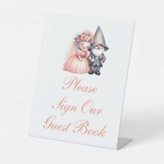 Whimsical Garden Gnome Rustieke bruiloft gastenboe Reclamebord Met Voetstuk (Voorkant)