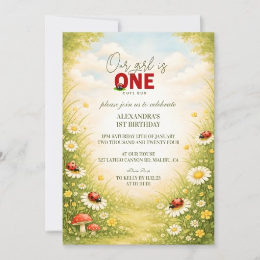 Whimsical Garden Lady Bug 1st Birthday Kaart (Voorkant)