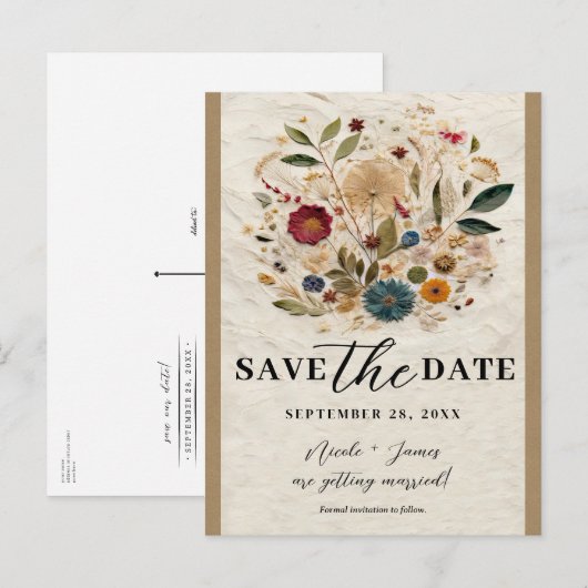 Whimsical Garden Pressed Flowers Save the Date Aankondigingskaart (Voorkant / Achterkant)