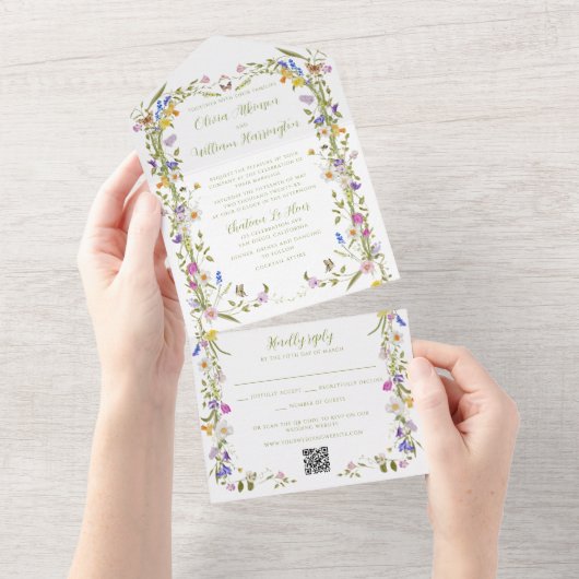 Whimsical Garden Wildflower bruiloft All In One Uitnodiging (Afscheurbaar)