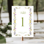 Whimsical Garden Wildflower bruiloft Kaart<br><div class="desc">Whimsical tuin bruiloft tafel nummer kaart met kleurrijke wilde bloemen en een groen gekleurde handgeschreven script lettertype. Deze tafelnummerkaart is perfect voor koppels die een vleugje charme en elegantie willen toevoegen aan hun speciale dag. Het ingewikkelde bloemenontwerp voegt een vleugje grilligheid toe en benadrukt de vreugde van bloeiende liefde. De...</div>