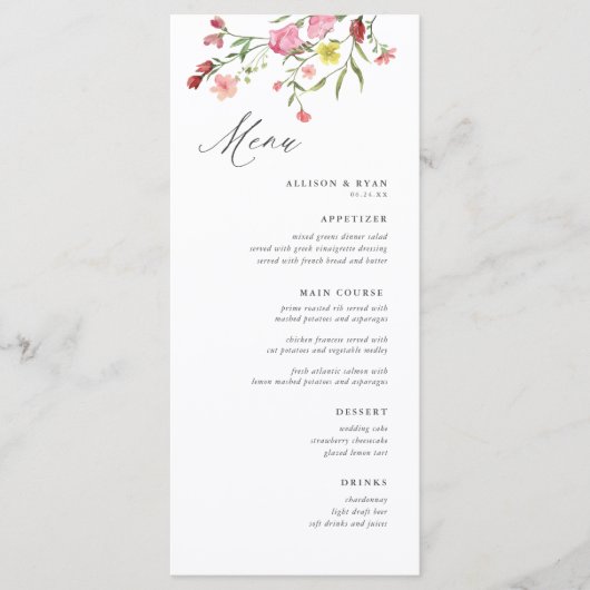 Whimsical Garden Wildflower bruiloft menu's (Voorkant)