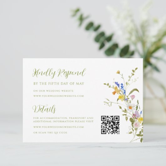 Whimsical Garden Wildflower bruiloft RSVP Details Informatiekaartje (Staand voorkant)