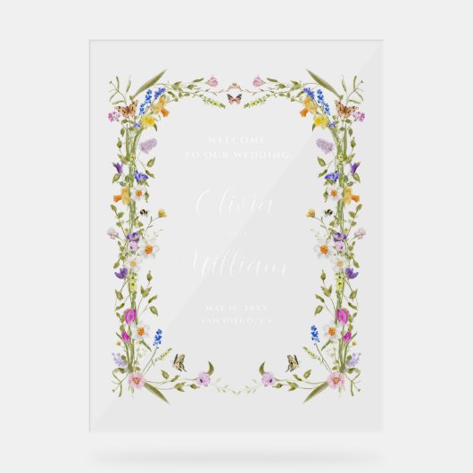 Whimsical Garden Wildflower Bruiloft Welkom Acryl Bord (Voorkant)