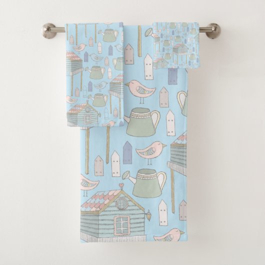 Whimsical Gardener Pattern op Blue Bad Handdoek (Insitu)