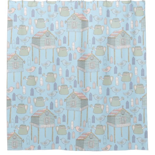 Whimsical Gardener Pattern op Blue Douchegordijn (Voorkant)
