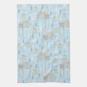 Whimsical Gardener Pattern op Blue Theedoek
