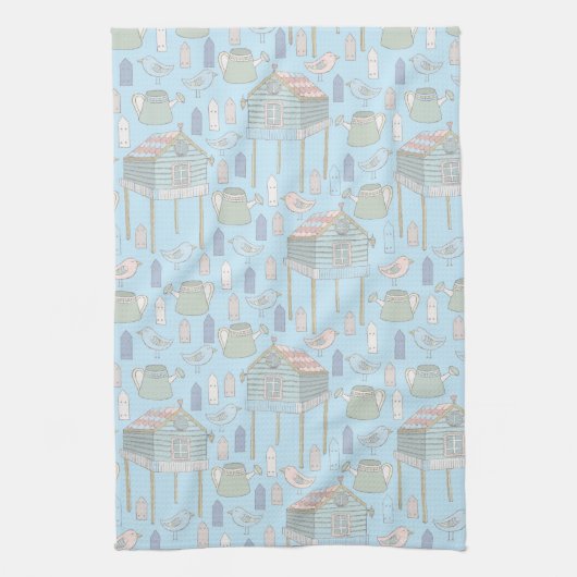 Whimsical Gardener Pattern op Blue Theedoek (Verticaal)