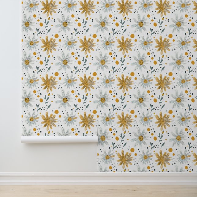 Whimsical Geel en Wit Bloempatroon Behang (Applicatie)