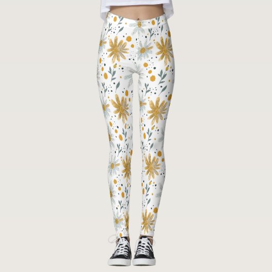 Whimsical Geel en Wit Bloempatroon Leggings (Voorkant)