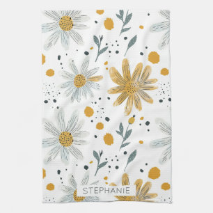 Whimsical Geel en Wit Bloempatroon Theedoek