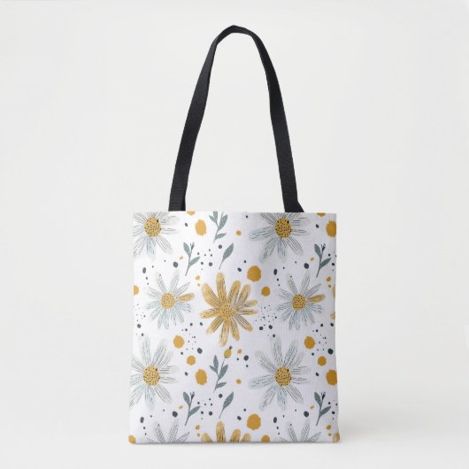 Whimsical Geel en Wit Bloempatroon Tote Bag (Voorkant)
