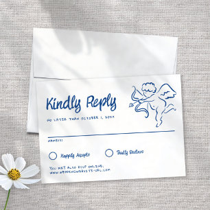 Whimsical geïllustreerd blauw handgetekende cupido RSVP kaartje