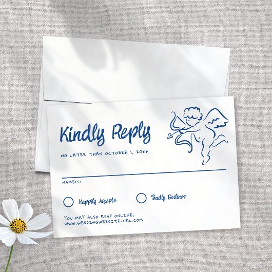 Whimsical geïllustreerd blauw handgetekende cupido RSVP kaartje