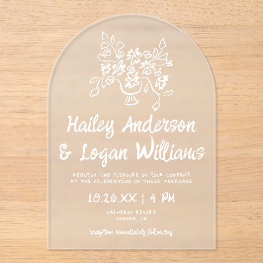 Whimsical Geïllustreerd Hand-getrokken Bloemen bru Acryl Uitnodigingen (Voorkant)