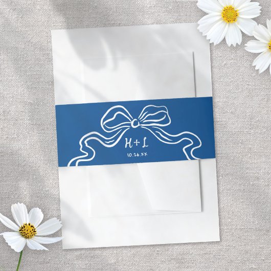 Whimsical Geïllustreerde Bow Blue Modern Fun Weddi Uitnodigingen Wikkel