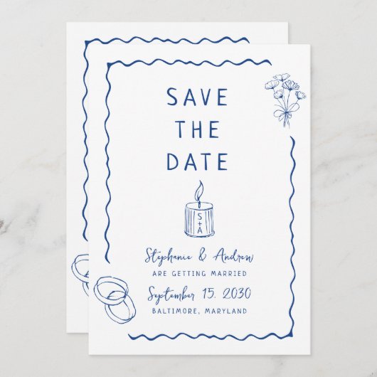 Whimsical geïllustreerde bruiloft Sla de datum op Kaart (Voorkant / Achterkant)