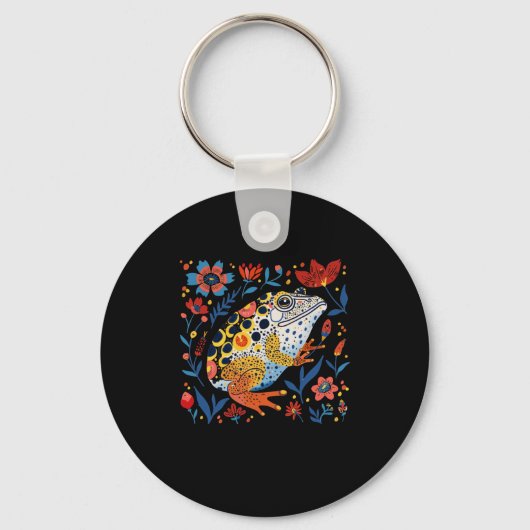 Whimsical geïllustreerde kikker met levendige bloe sleutelhanger (Voorkant)