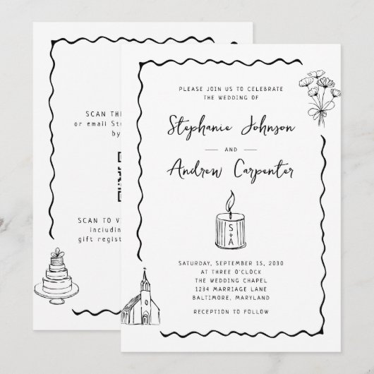 Whimsical geïllustreerde zwart-witte bruiloft kaart (Voorkant / Achterkant)