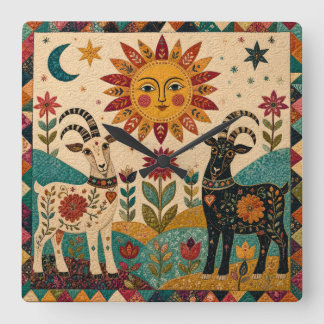 Whimsical Geiten Folk Art Vierkante Klok