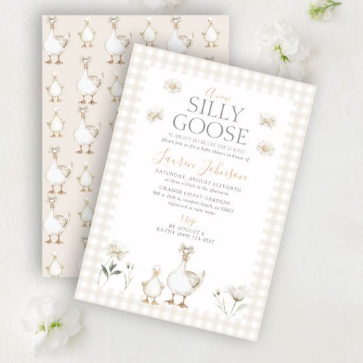 Whimsical Gekke Goose Beige Gingham Baby shower Kaart