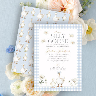 Whimsical Gekke Goose Blue Gingham Baby shower Kaart