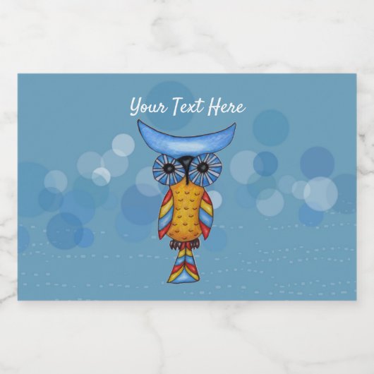 Whimsical Gele Blauwe Uil Kleurrijke Veren Cirkel Voedselcontainer Etiket (Enkel label)