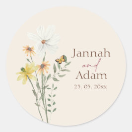 Whimsical Gele Madeliefje Wildbloem Bruiloft Ronde Sticker