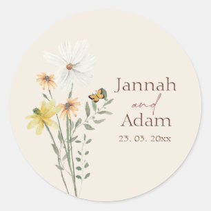 Whimsical Gele Madeliefje Wildbloem Bruiloft Ronde Sticker