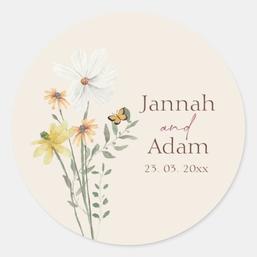 Whimsical Gele Madeliefje Wildbloem Bruiloft Ronde Sticker (Voorkant)