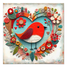 Whimsical gemengde media Rode Robin Vogel Hart