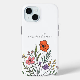 Whimsical gepersonaliseerde bloemen wilde bloem iPhone 15 case