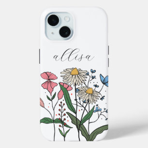 Whimsical gepersonaliseerde bloemen wilde bloem iPhone 15 case